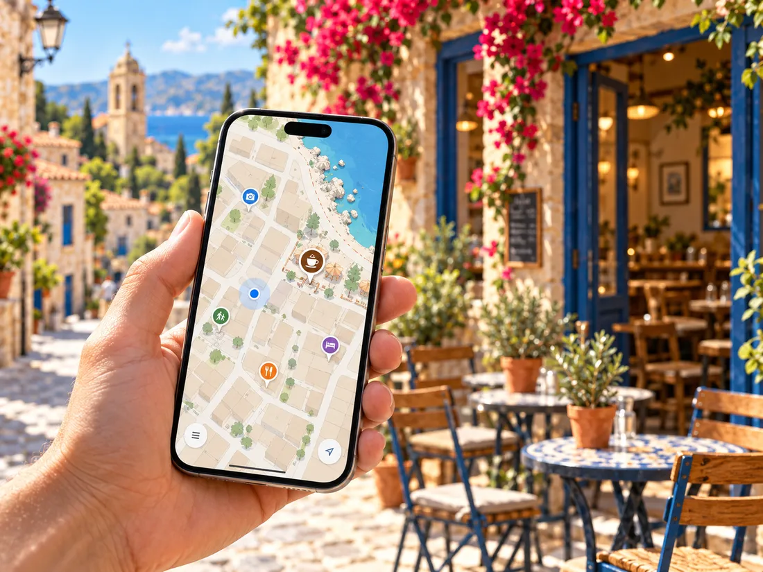 Una mà sosté un mòbil amb el mapa obert davant de la terrassa d’un cafè, en un poble de la Costa Brava