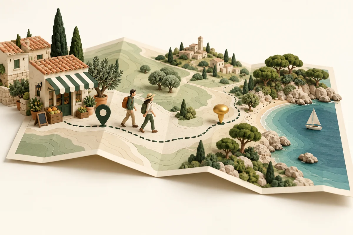 Il·lustració d’un mapa desplegat: un negoci, gent passejant i un recorregut que uneix el poble amb la costa.